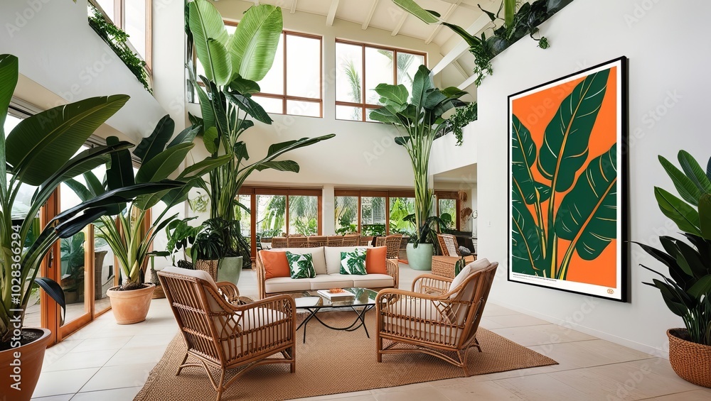 Fototapeta premium Tropical modern living room interior design with poster frame