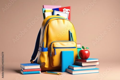 Back to school concept featuring a stack of books, a bag, and various school supplies on a desk, symbolizing education and learning, isolated solid color background photo