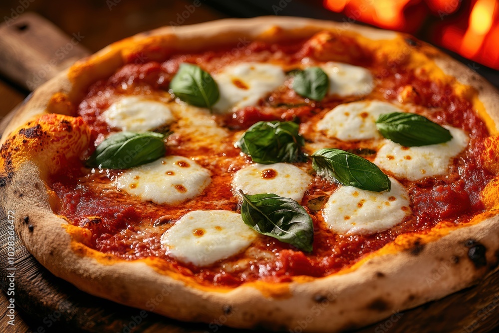 A traditional Italian pizza fresh out of a wood-fired oven, topped with bubbling mozzarella A traditional Italian pizza fresh out of a wood-fired oven, topped with bubbling mozzarella