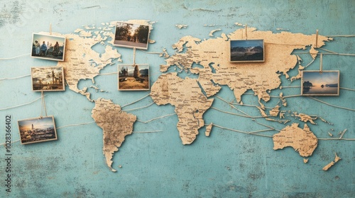 A world map with photos pinned, showcasing travel destinations and cultural landmarks. photo