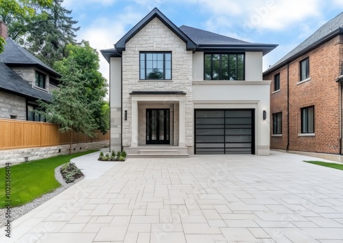 Modern Home with Stone Accents and Elegant Brick Driveway