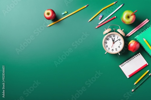 A vibrant back-to-school background concept featuring a green board with a red apples, pencils, alarm clock, books and school supplies photo