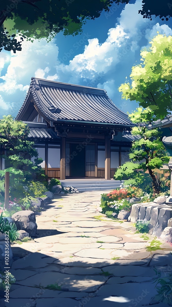 Tranquil Japanese Garden with a Traditional House and Stone Path. Tranquil Japanese Garden with a Traditional House and Stone Path.