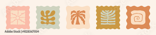 Boho Summer Beach Illustration Set in Square Frame. Groovy Sun, Palm, Seashell, Coral and Palm Leaf. Vector Abstract Tropical Icons in Freehand Retro Style for Logo, Print, Pattern, Poster, Web Design