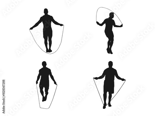 Young man jumping rope silhouette. Sportsman skipping with jump rope vector silhouette. Aerobic exercises, jump activity, health concept. Skipping Rope silhouette icon isolated on white background.