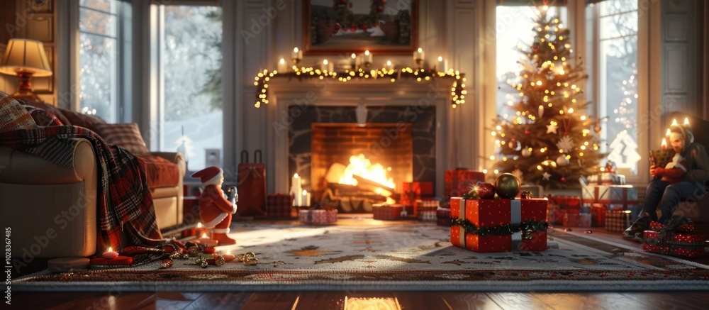 Cozy and Festive Christmas Living Room Interior with Lit Fireplace Decorated Christmas Tree Wrapped Gifts and Warm Lighting Creating a Comfortable and Inviting Holiday Atmosphere