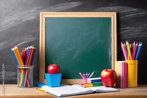 A back-to-school concept featuring school supplies like bag, books, notebooks, pens, and pencils on a desk with an apple, set against a blackboard background photo