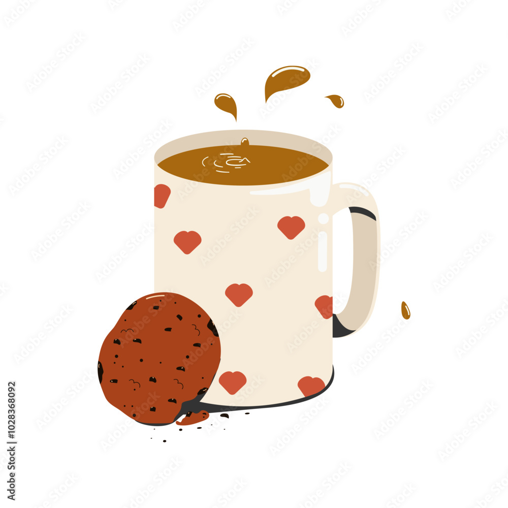 A mug of coffee and a chocolate chip cookie. Isolated on a white background. Vector illustration. A mug of coffee and a chocolate chip cookie. Isolated on a white background. Vector illustration.