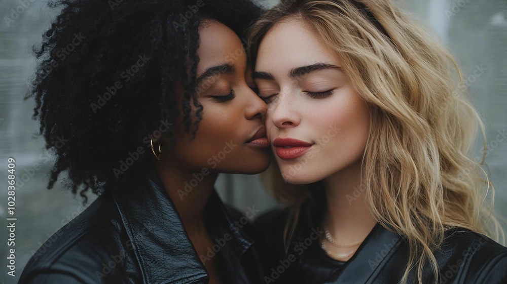 two females kissing, one is black, one is white two females kissing, one is black, one is white