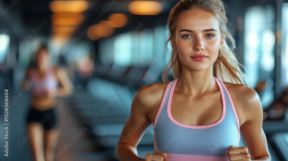 Young woman running on a treadmill in a modern gym during a fitness workout session in the morning light Young woman running on a treadmill in a modern gym during a fitness workout session in the morning light