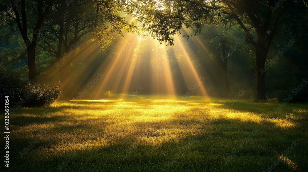 Obraz premium Sunlight shining trees forest grass morning sun rays background break dawn light technology fog searchlights wonder devotion sunbeams reaching towards heavens amazing inspiring 