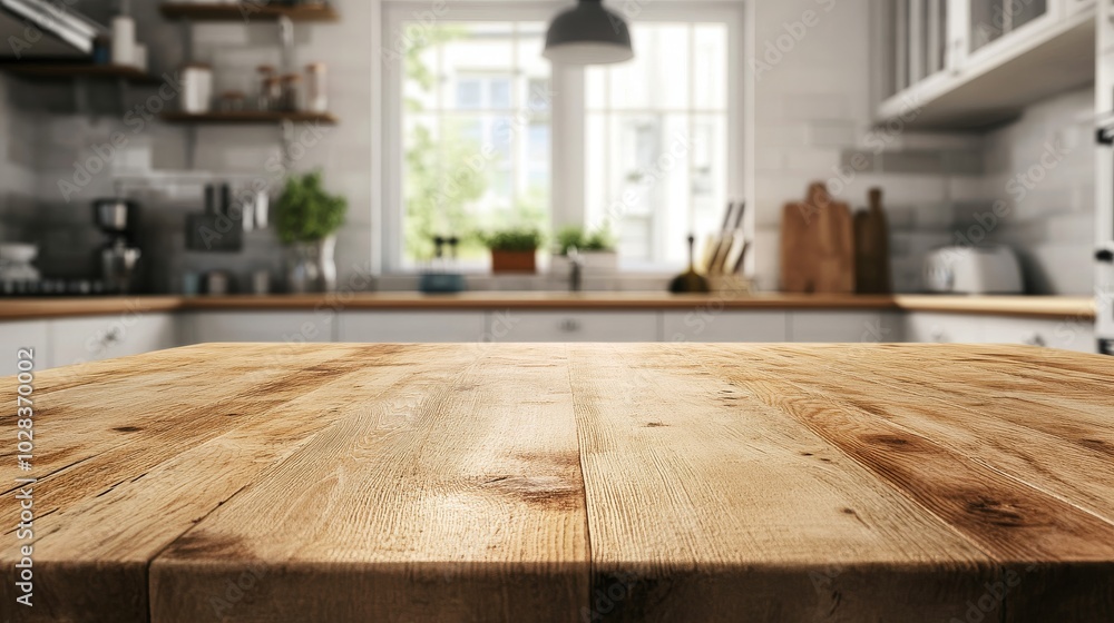 Empty wooden table top in modern kitchen with blurred background. Empty wooden table top in modern kitchen with blurred background.