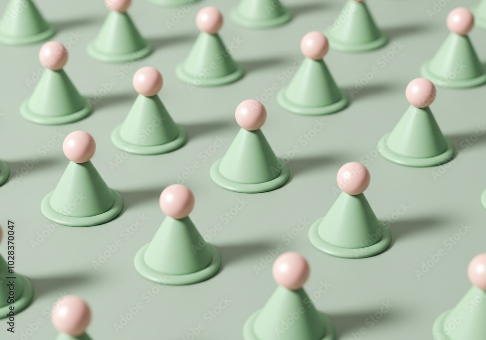 Geometric pattern of green cones with pink spheres on pastel background Geometric pattern of green cones with pink spheres on pastel background