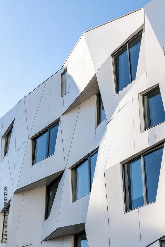 Modern apartment with minimalistic design, featuring permeable geometric cladding facade, enhanced by bright afternoon light for sleek architectural appeal. Modern apartment with minimalistic design, featuring permeable geometric cladding facade, enhanced by bright afternoon light for sleek architectural appeal.