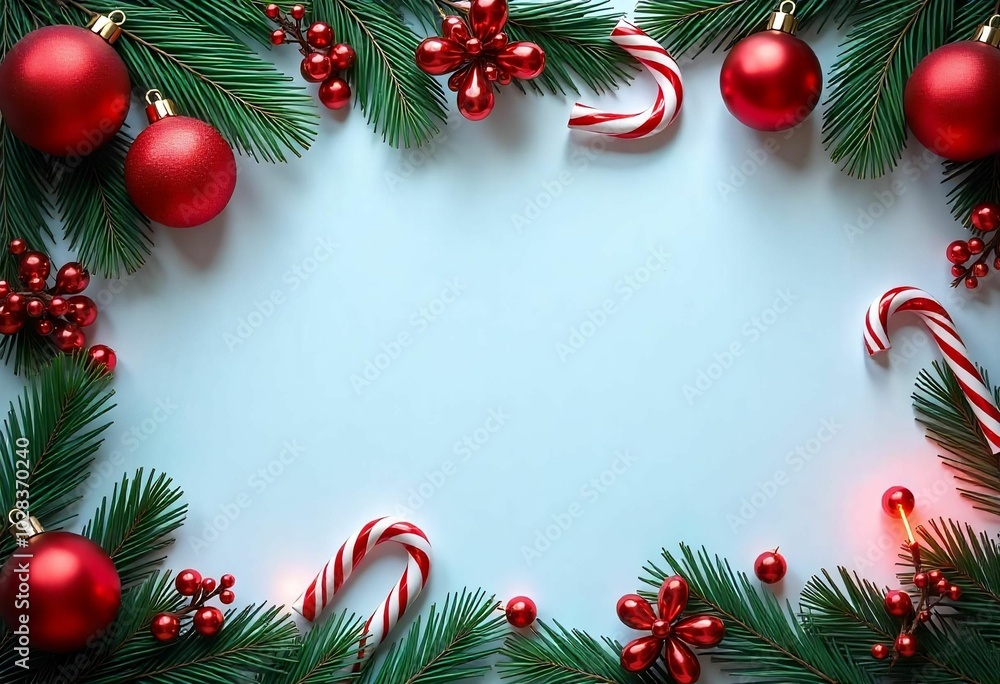 Christmas border with red ornaments and pine branches, blank writing space in the middle, candy canes and other festive decorations on a white background Christmas border with red ornaments and pine branches, blank writing space in the middle, candy canes and other festive decorations on a white background