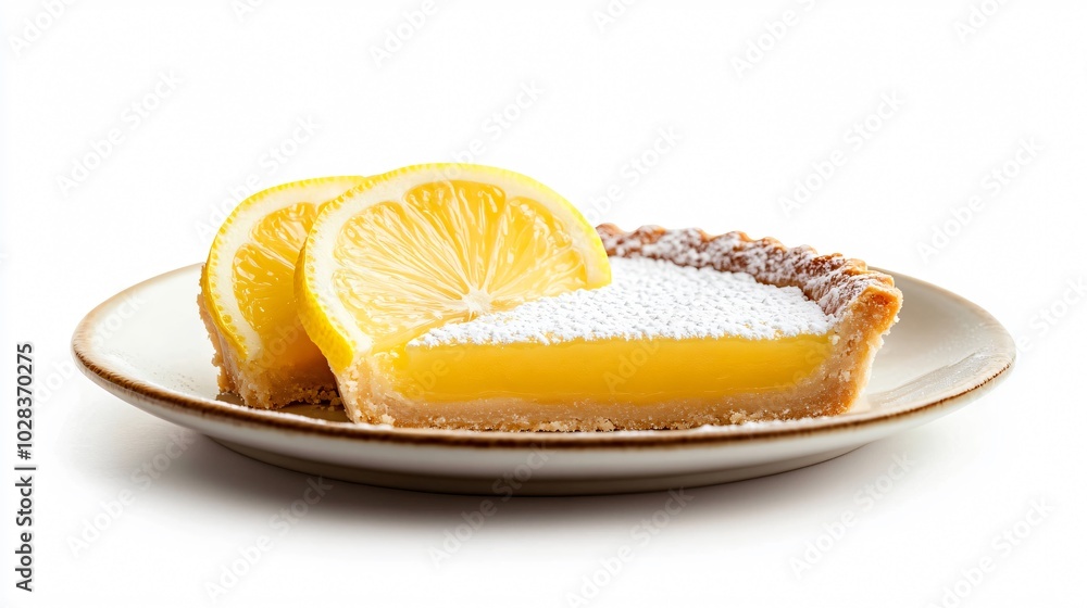 A slice of lemon tart on a white plate, dusted with powdered sugar. A slice of lemon tart on a white plate, dusted with powdered sugar.