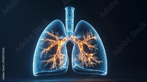 Detailed 3D lungs illustration with illuminated bronchial tubes, highlighting the science of pulmonology and treatment of diseases like tuberculosis and bronchitis