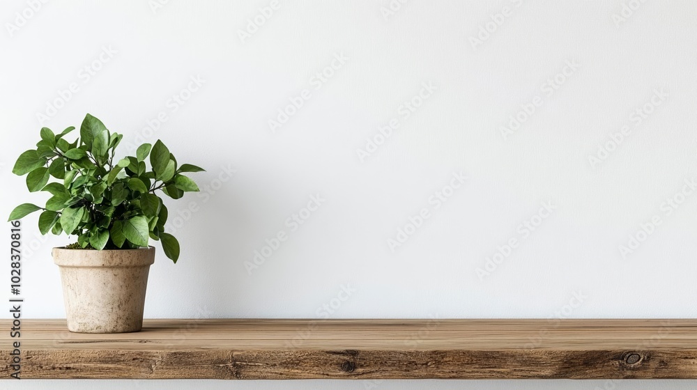 Rustic wooden tabletop with a potted plant against a white wall, ideal for displaying kitchen accessories or natural-themed product presentations Rustic wooden tabletop with a potted plant against a white wall, ideal for displaying kitchen accessories or natural-themed product presentations