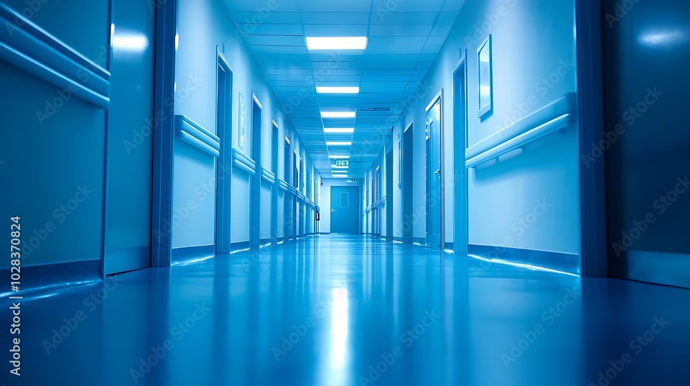 Fototapeta premium Blue-toned, abstract hospital background perfect for placing healthcare-related text.