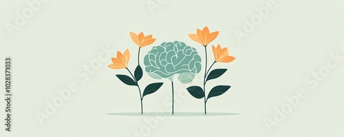 A brain surrounded by colorful flowers on a soft green background. photo