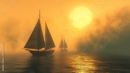 Sailboat sailing ocean sunset hazy fog ships sails underneath random arts bright sun camp half blood passages last light 