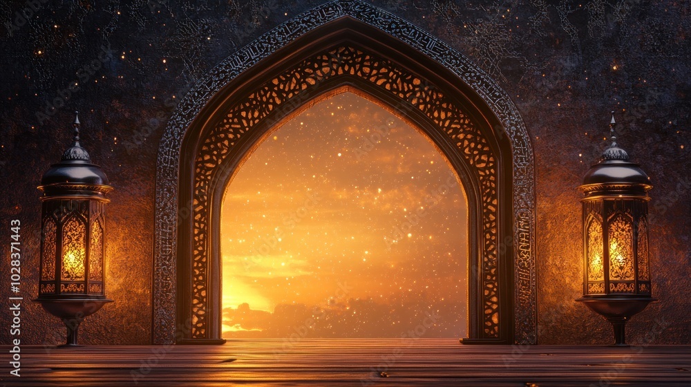 Naklejka premium An ornate archway with lanterns framing a sunset view, evoking tranquility and culture.