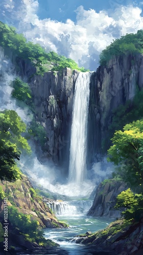 Majestic Waterfall Cascading Down a Mountainside, Lush Greenery and Blue Sky.