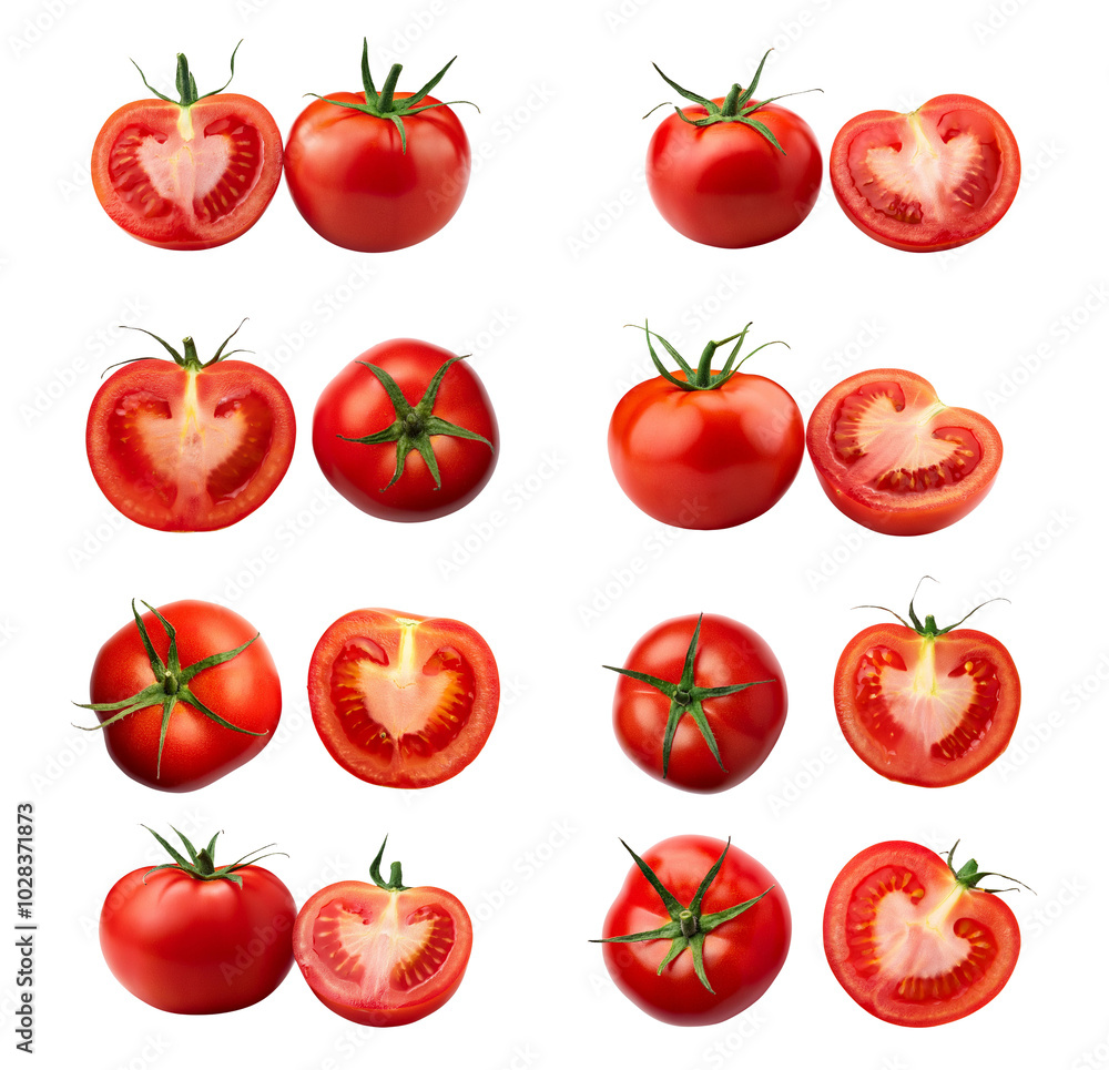 Fresh red tomatoes, whole and sliced, on a white isolated background. Fresh red tomatoes, whole and sliced, on a white isolated background.