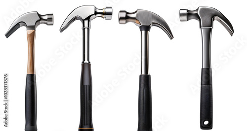 Set of four different hammers on white isolate background, showcasing various styles and grips.