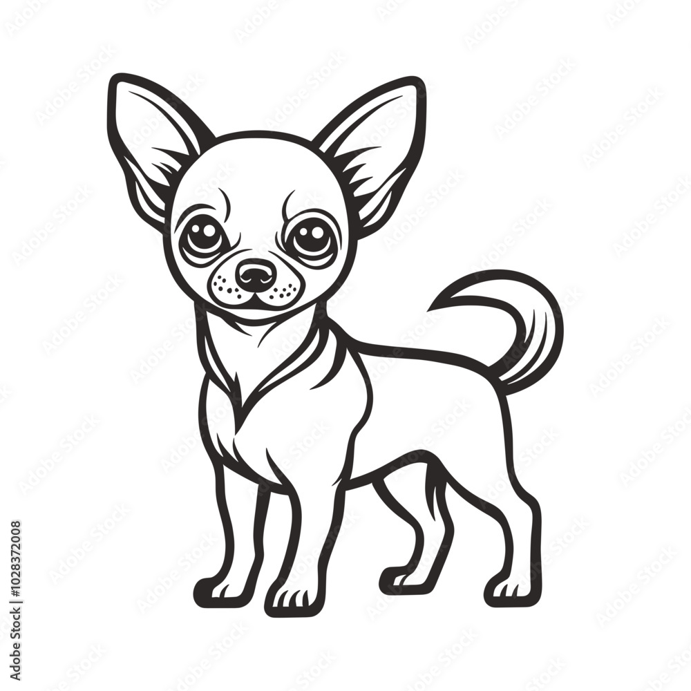 Clean, minimalist Vector Icon of a chihuahua standing alert with oversized ears and detailed facial expression in a simple, elegant black-and-white style Clean, minimalist Vector Icon of a chihuahua standing alert with oversized ears and detailed facial expression in a simple, elegant black-and-white style