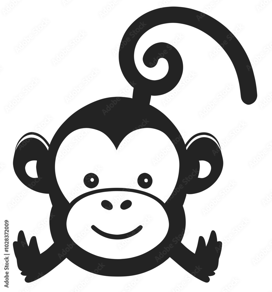 Minimalist monkey face vector icon featuring a cute, smiling expression and a coiled tail, designed in bold, black-and-white style for fun, playful visual appeal Minimalist monkey face vector icon featuring a cute, smiling expression and a coiled tail, designed in bold, black-and-white style for fun, playful visual appeal