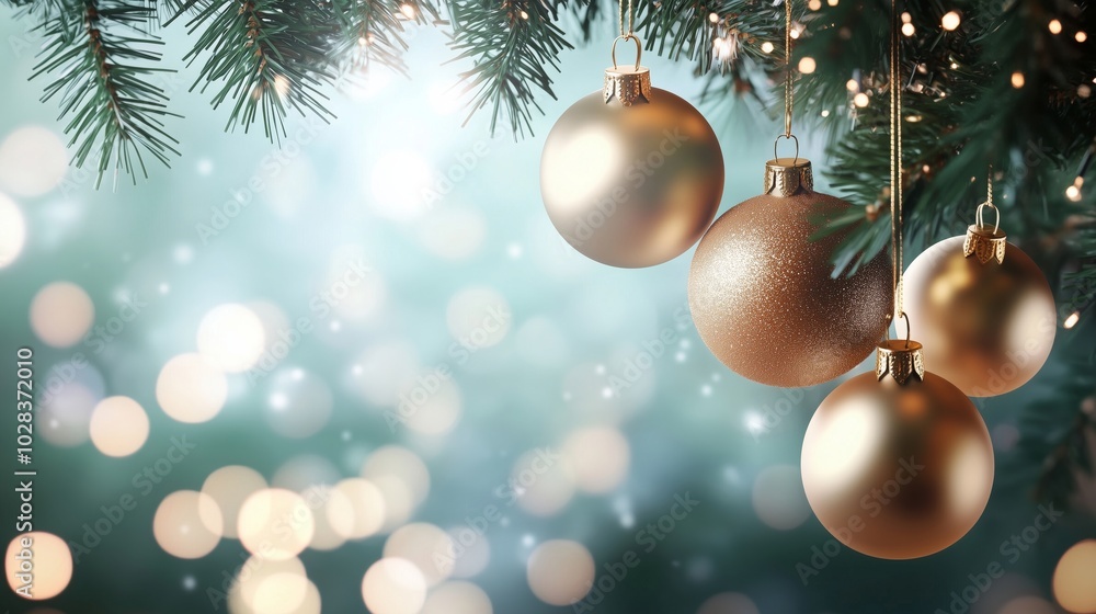 Beautiful Golden Ornaments on a Christmas Tree with Bokeh Lights Beautiful Golden Ornaments on a Christmas Tree with Bokeh Lights