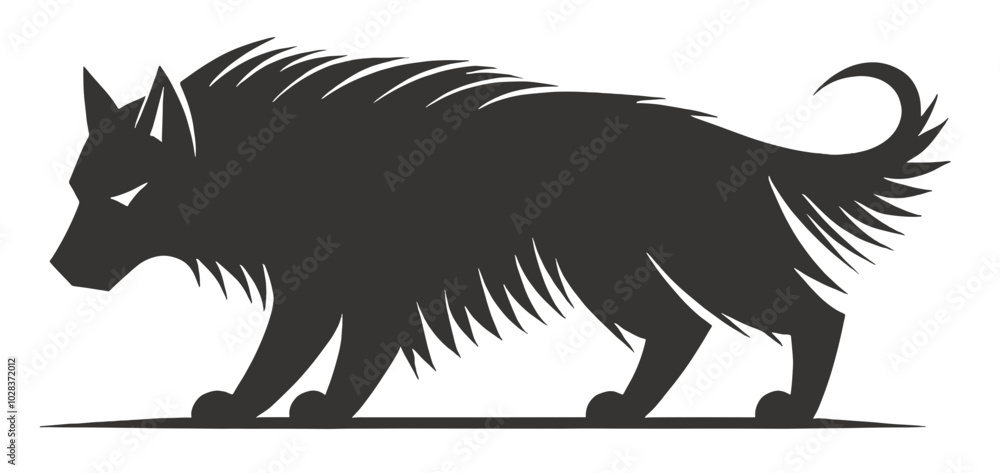 Fototapeta premium Intimidating silhouette of a wolf-like creature with spiked fur and a powerful stance, depicted in bold black-and-white with sharp, aggressive lines for a dramatic effect
