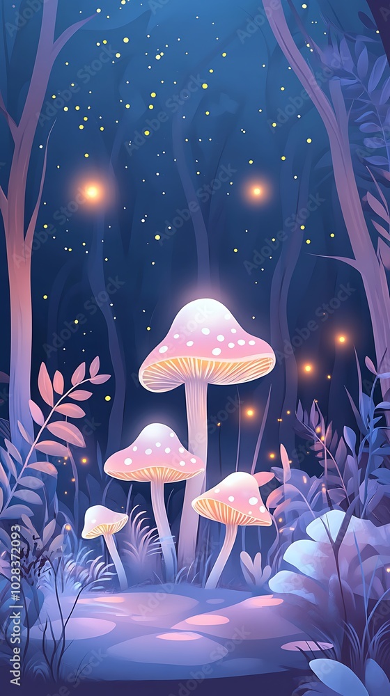 Enchanted Forest at Night with Glowing Mushrooms and Fireflies. Enchanted Forest at Night with Glowing Mushrooms and Fireflies.