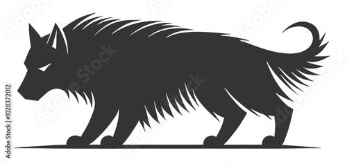 Intimidating silhouette of a wolf-like creature with spiked fur and a powerful stance, depicted in bold black-and-white with sharp, aggressive lines for a dramatic effect