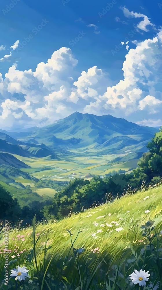 Fototapeta premium A Stunning Mountain View with Lush Green Grass and Blooming Wildflowers