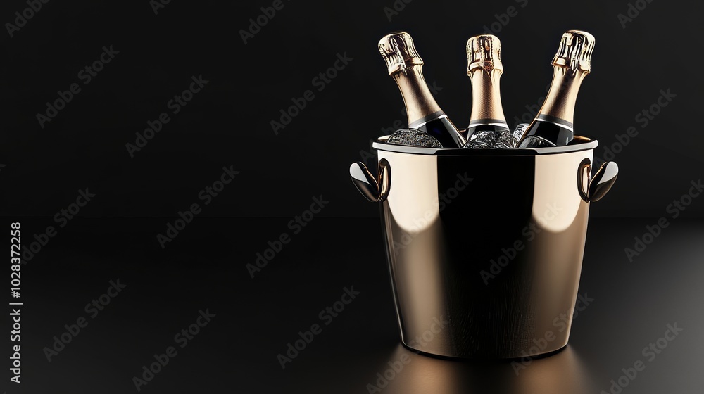 Metal ice bucket with champagne on a black background. Metal ice bucket with champagne on a black background.