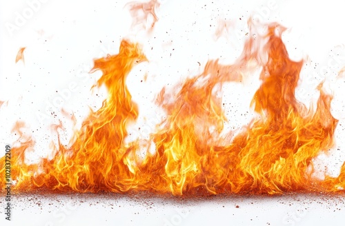 Fiery orange flames burning intensely with embers against a white background.