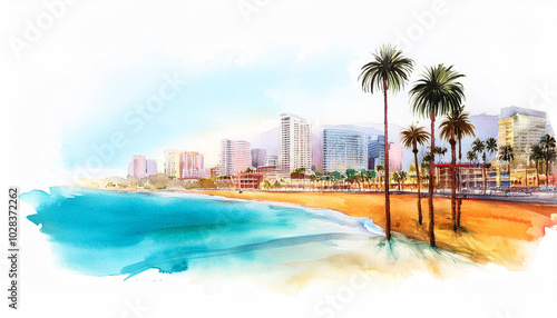 Watercolor sunny beachfront city with tall palm trees, ocean waves. Summer vacation and travel
