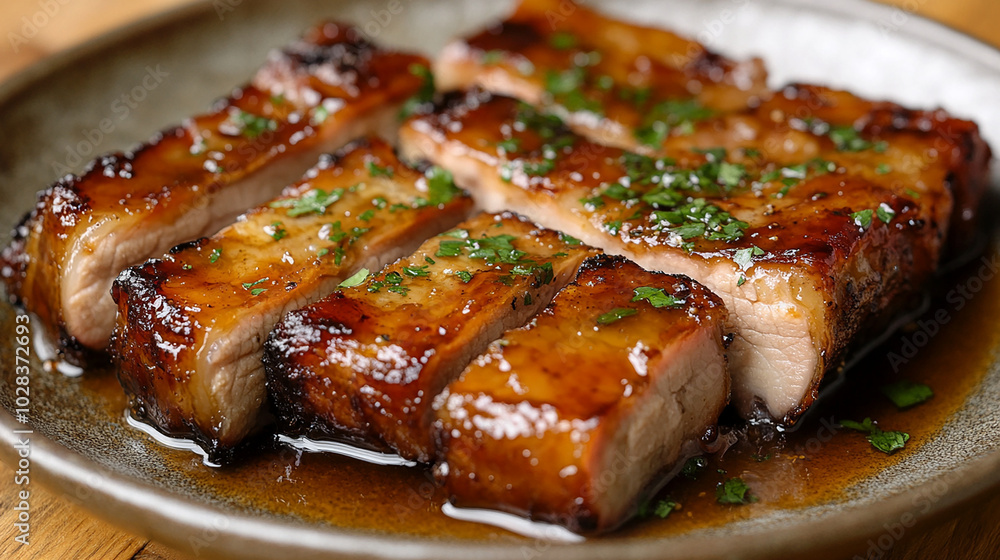 Juicy pork belly simmered to perfection with a savory sauce Juicy pork belly simmered to perfection with a savory sauce