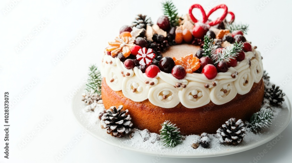 A classic fruitcake with festive icing and decorative elements, elegantly displayed against a clean white backdrop for a holiday treat. A classic fruitcake with festive icing and decorative elements, elegantly displayed against a clean white backdrop for a holiday treat.