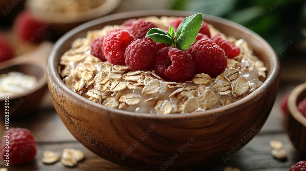Fresh Oatmeal with Raspberries in Wooden Bowl Fresh Oatmeal with Raspberries in Wooden Bowl