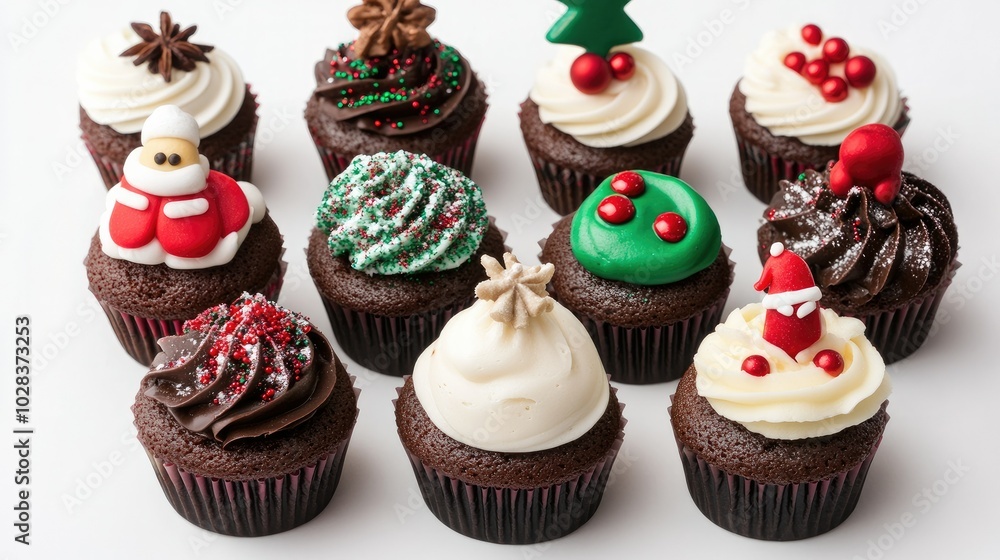 A collection of Christmas cupcakes with rich icing, festive toppers, and seasonal decorations, all set against a clean white backdrop. A collection of Christmas cupcakes with rich icing, festive toppers, and seasonal decorations, all set against a clean white backdrop.