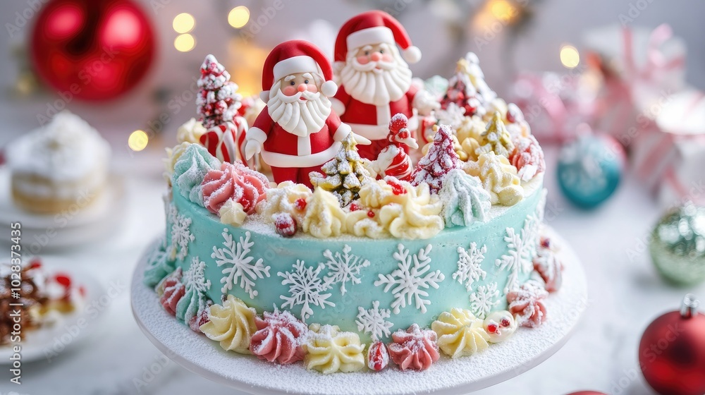 A deliciously moist Christmas cake with colorful icing, topped with miniature Santa figures and edible snowflakes, beautifully presented on white. A deliciously moist Christmas cake with colorful icing, topped with miniature Santa figures and edible snowflakes, beautifully presented on white.