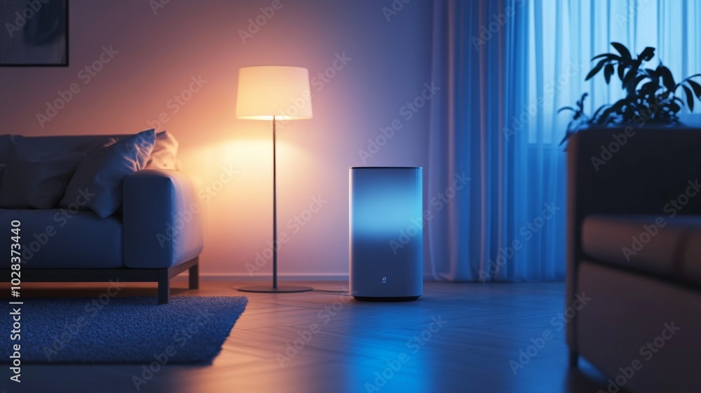 Modern air purifier in a living room with a couch, a lamp, and a plant.