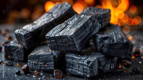 Stacks of charcoal briquettes on a dark background with orange lights in the background photo