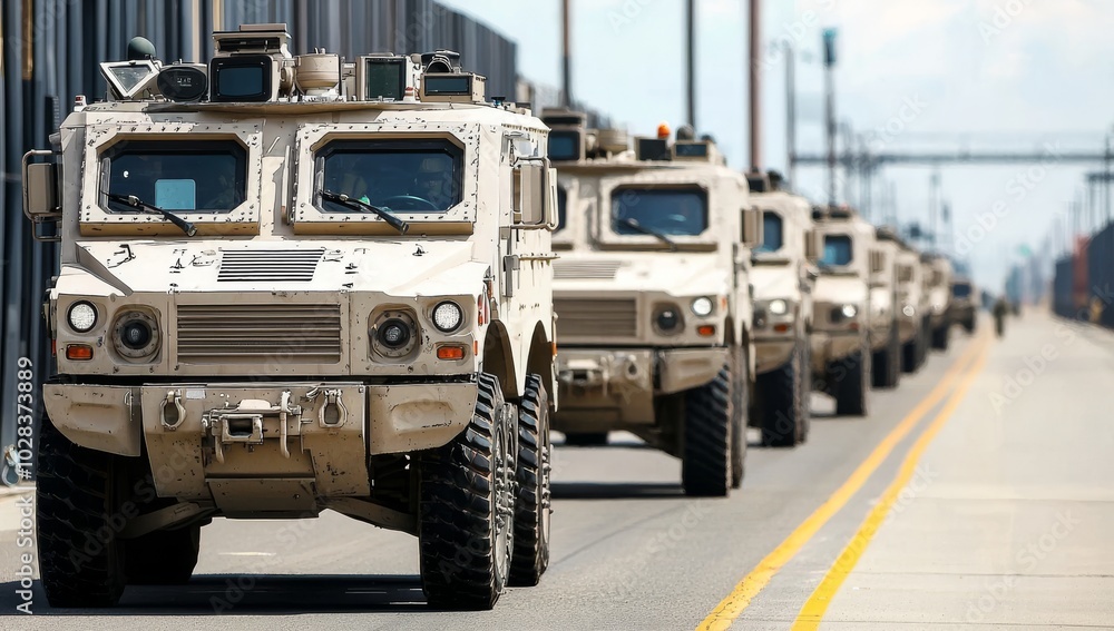 Line of Armored Vehicles in Industrial Setting Line of Armored Vehicles in Industrial Setting