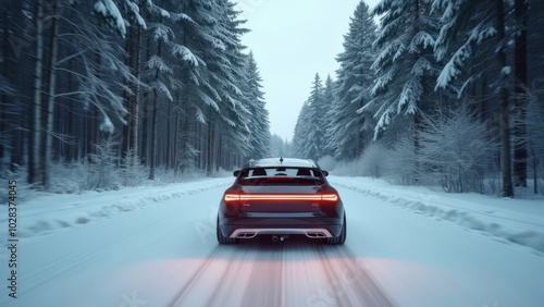 A view from the interior of an unmanned vehicle driving along an winter forest road. A car without a driver