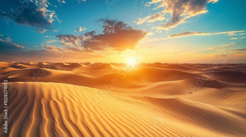 Golden sand dunes stretch across the desert landscape as the sun sets, casting a warm glow on the horizon.