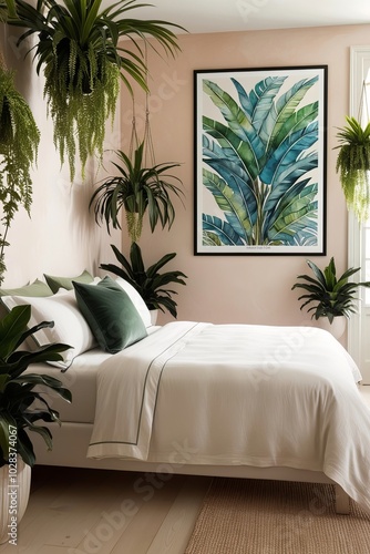 Tropical modern bedroom interior design with poster frame